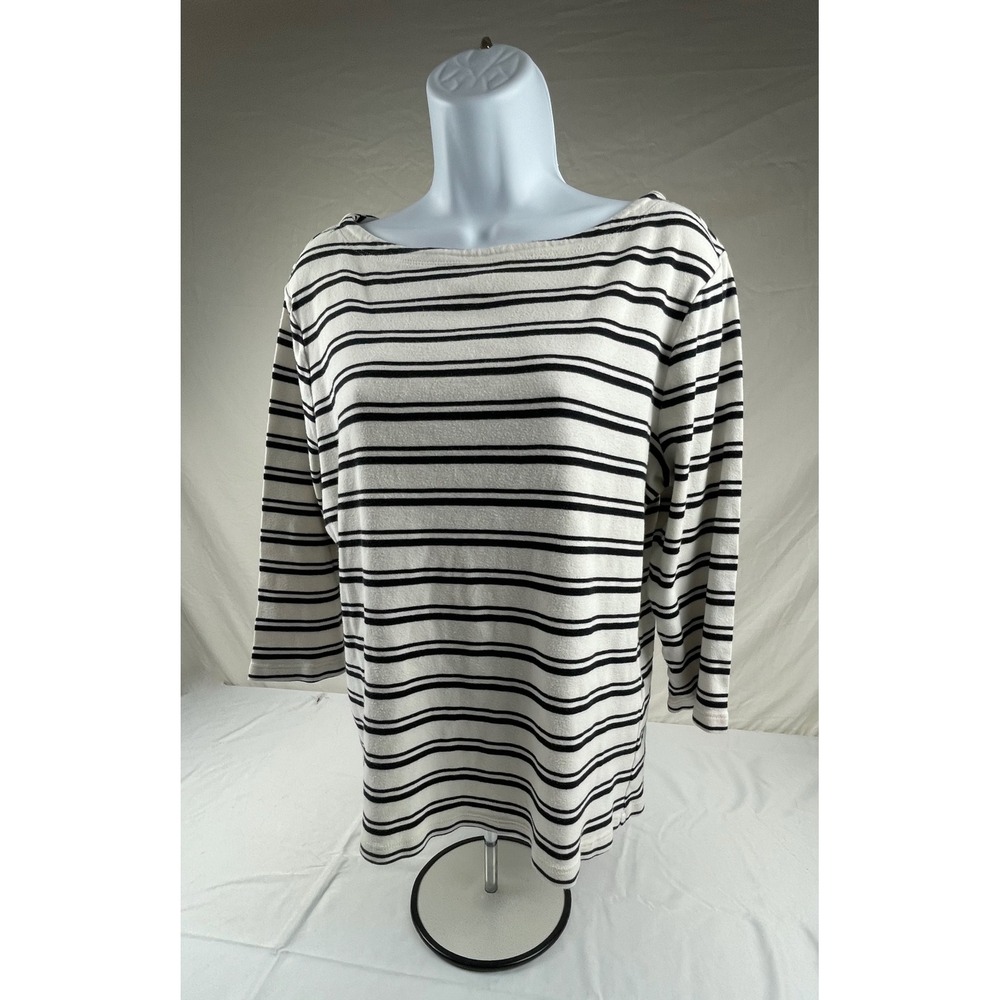 Chicos Striped Boat Neck Top White Black 100% Cotton 3/4 Sleeve Size 2